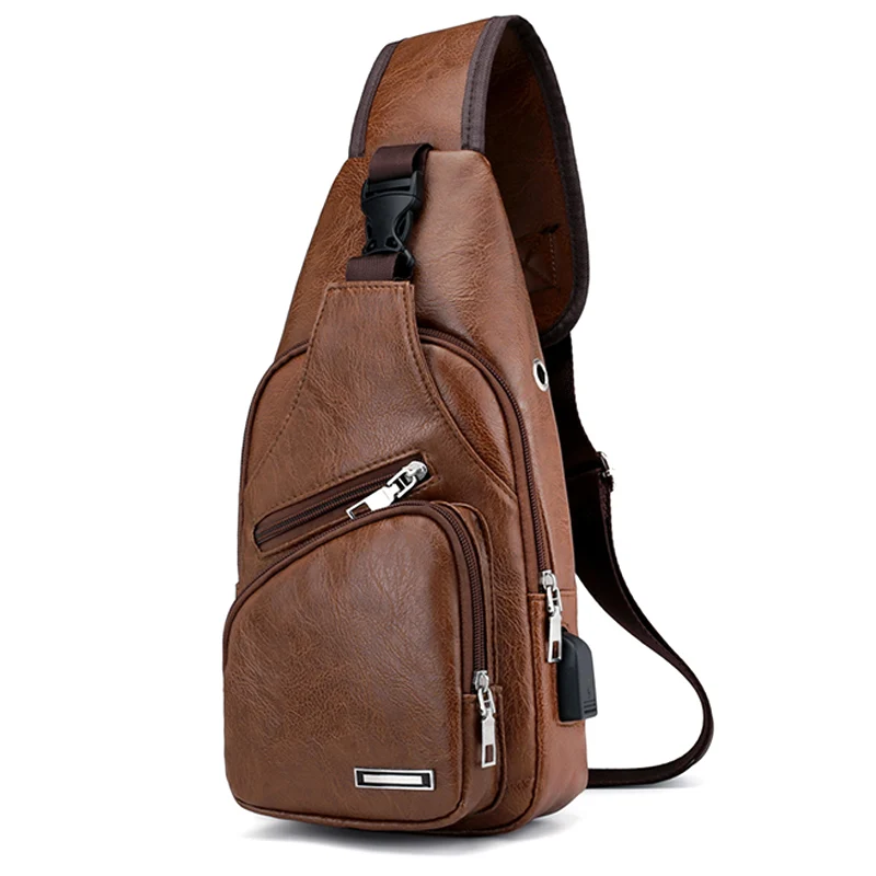 light brown Новая мужская спортивная нагрудная сумка винтажная PU молния открытая сумка через плечо с отверстиями для наушников - Цвет: light brown