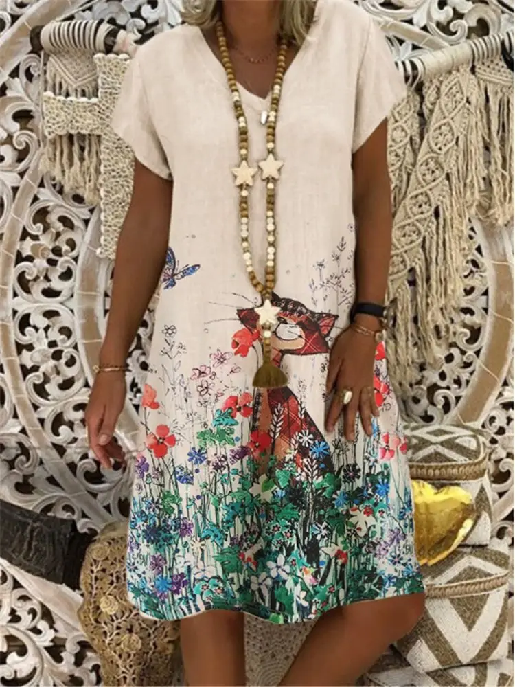 

Fashion Casual Dress Loose Large Size Short Sleeve Print Dress Ladies New Summer Dress Party Dress Knee-Length Dresses