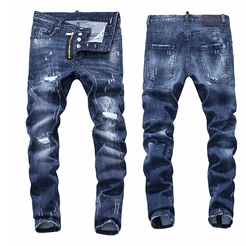 

European American Style dsq Jeans Men Hole Jeans Famous Brand Straight Zipper Slim Brand Blue Denim Jeans Pencil Pants for Men