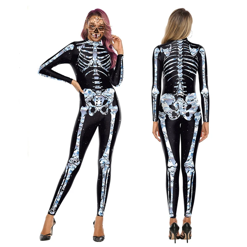 

2022 Halloween Cosplay Custome for Women Ghost Carnival Bodysuit Sexy Elastic Onesies Party Scary Skeleton Adult Jumpsuit