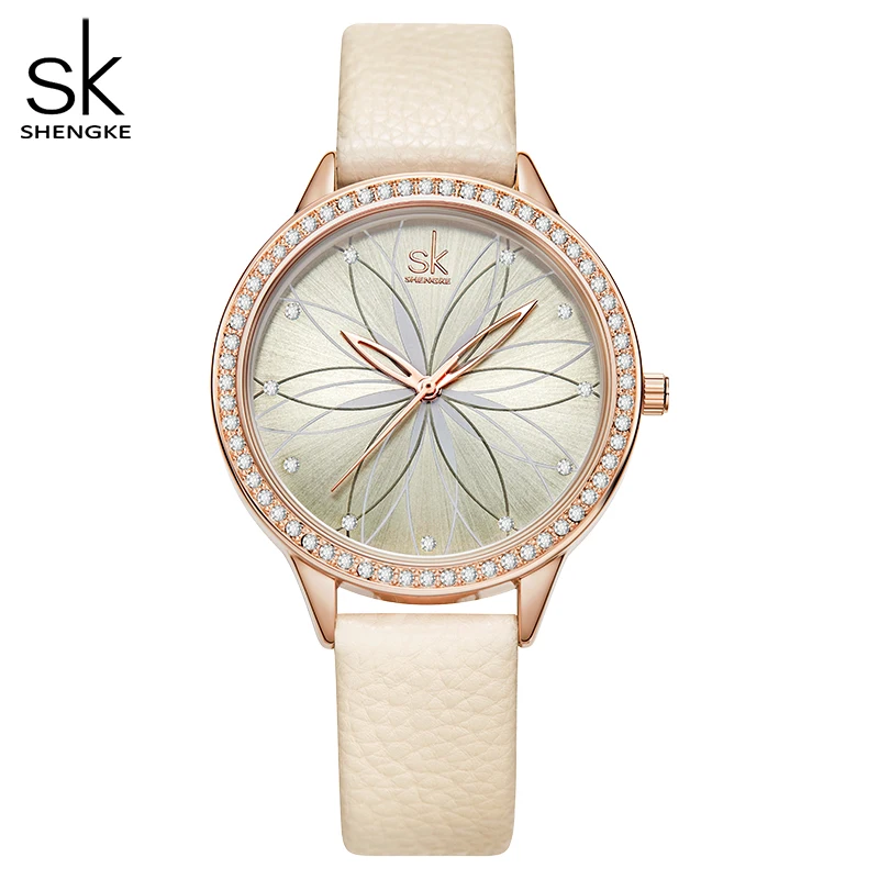 Женские часы Shengke с кожаным ремешком украшением из кристаллов японским кварцевым