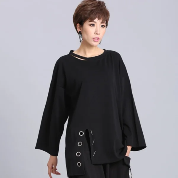 Черная женская футболка с разрезом и кольцом большие размеры одежда новинка 2020