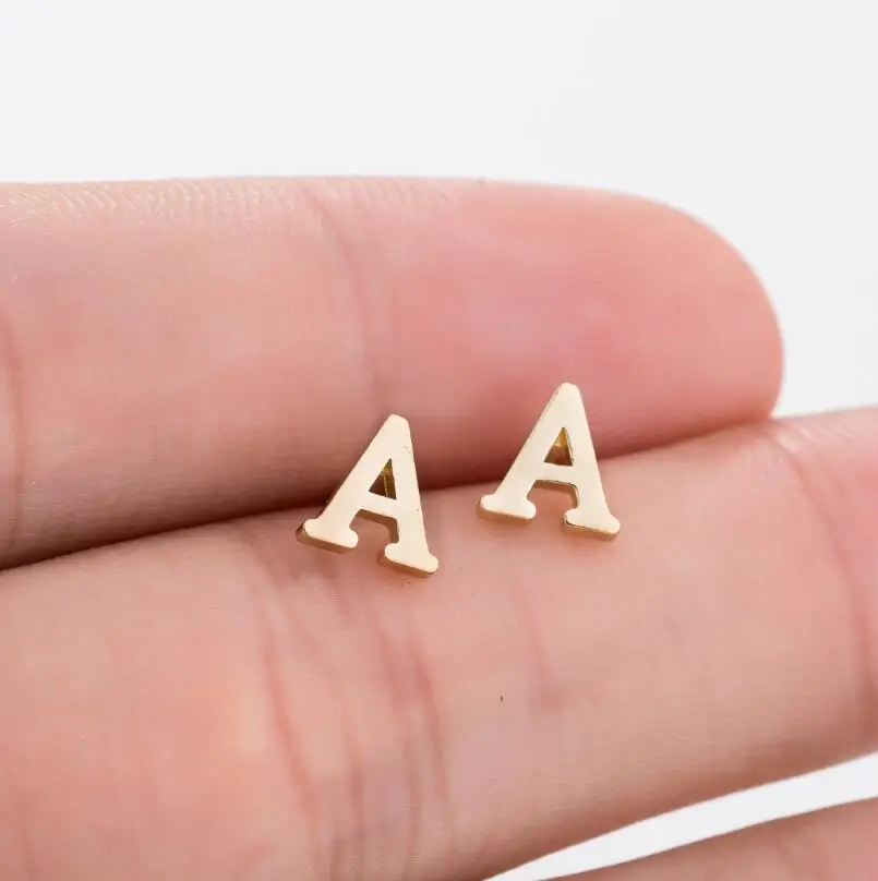 Stainless Steel 26 A-Z Initial Letter Stud Earrings Small Tiny Alphabet Name Earring Piercing Jewelry DIY Pendientes Brincos
