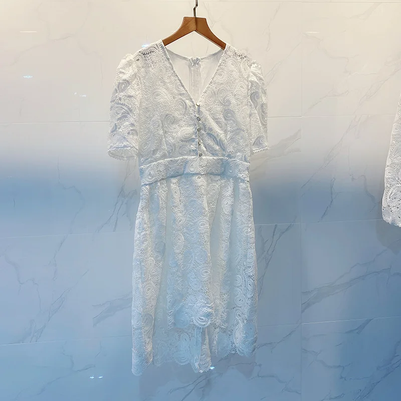 

Elegant Woman 2020 White Lace Irregular Party Dress Hollow out Patchwork Lantern Sleeve Vintage Mini Dress V-neck Sexy Dress