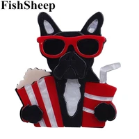 fishsheep new acrylic movie dog brooches pins for women lovely animal bulldog with popcorn cola big brooch jewelry collections