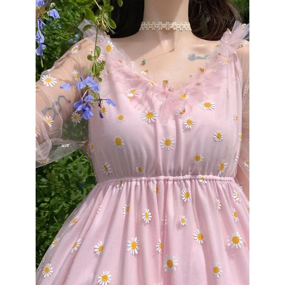 

Summer Pink Lolita Dress Girl Mesh Floral Japan Style Kawaii Princess Dress Casual Holiday Party Sweet Ruffle Dress Women 2021
