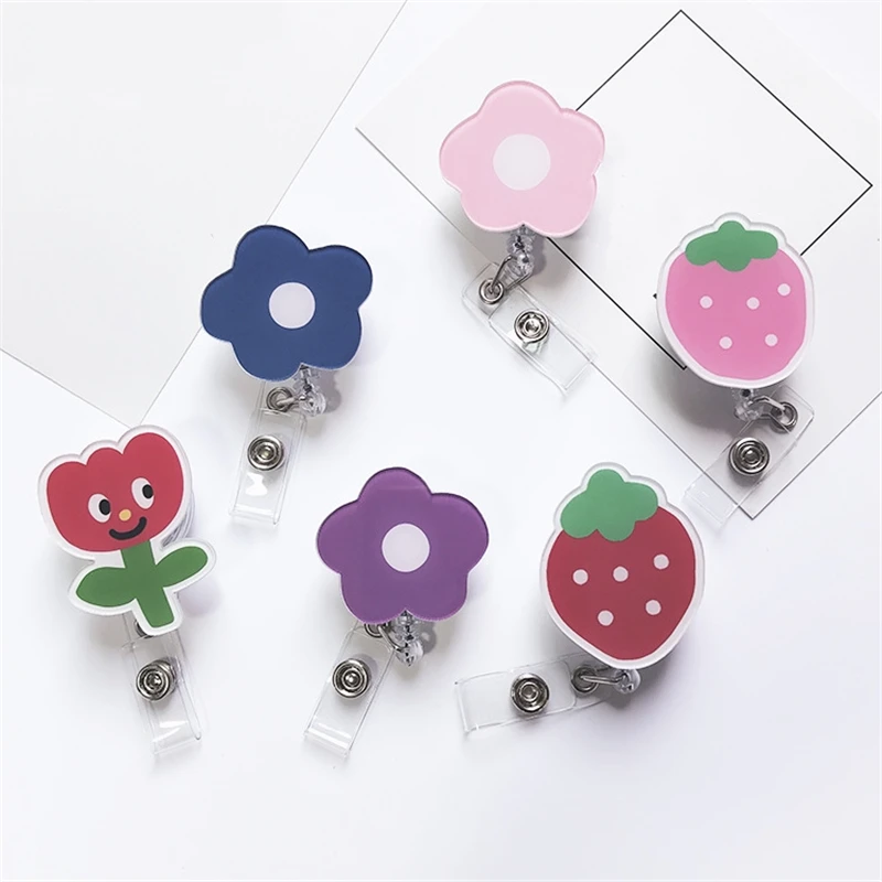 

Acrylic Retractable Id Badge Holder Badge Reel Cute Flowers Strawberry Name Tag ID Badge Holder