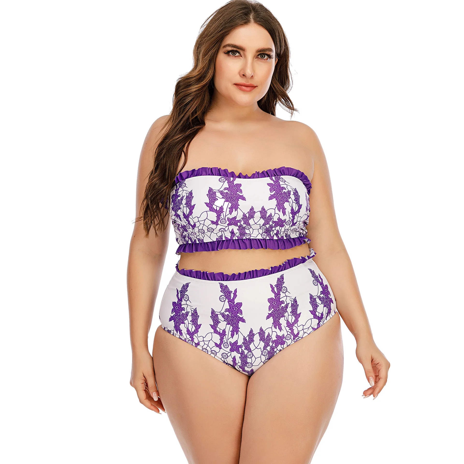 Swimsuit With Pushup Swimwear 2021 Bath Suit Women Two-Piece Bikini Split Sleeveless Purple Sexy Print Beach Fattening High