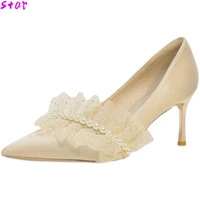 high heels womens shoes pearl mesh shallow mouth ladies high heels elegant wedding party shoes pointed toe ladies single shoes