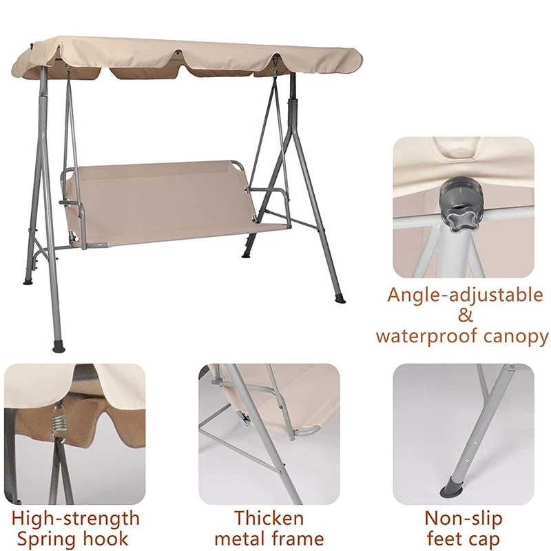 

3 Person Porch Swing with Stand and Waterproof Canopy All Weather Resistant Swing Bench, Beige