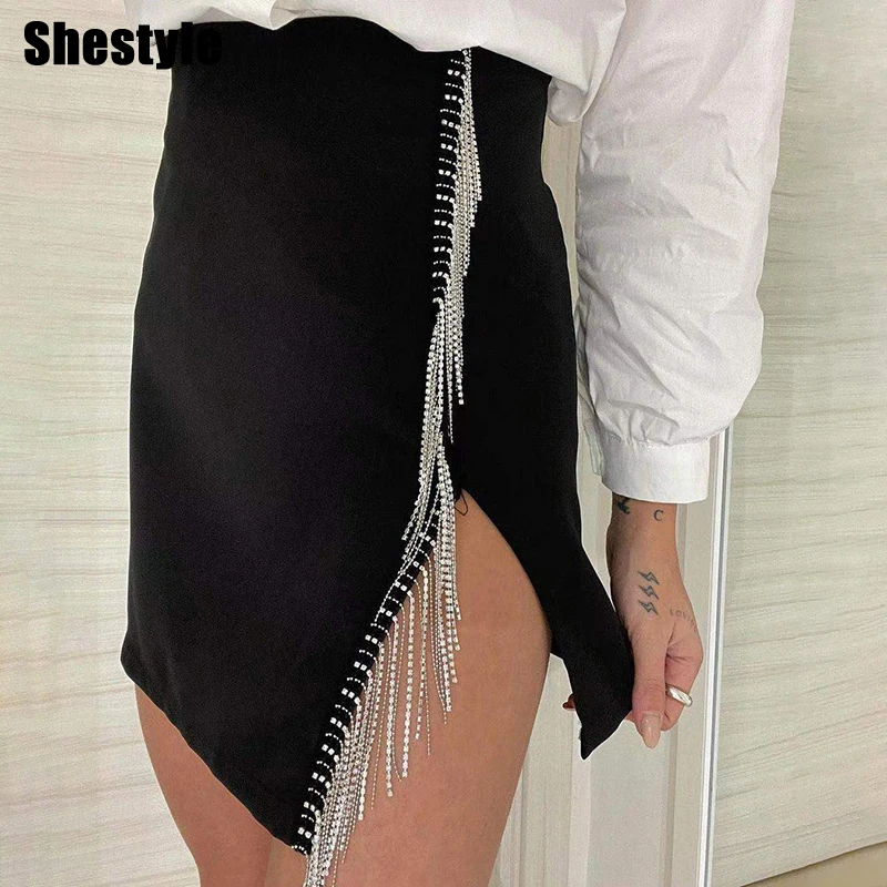 

Сексуальная юбка-футляр Shestyle с разрезом, Женская Весенняя Клубная одежда, черные Асимметричные боковые аксессуары со стразами, эластичная ...