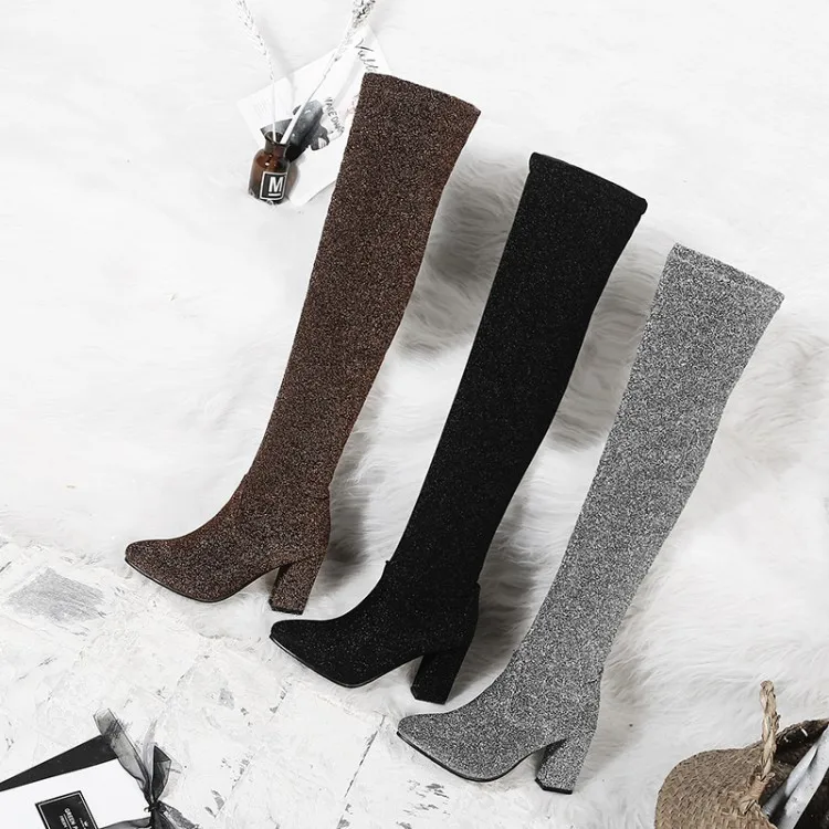 Женские ботфорты выше колена Сапоги с блестками и рукавами сапоги до бедра