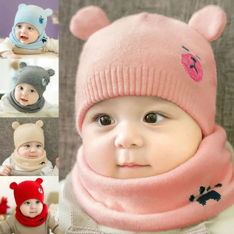 Newborn Infant Kids Baby Boy Girl Pom Bear Cartoon Ears Hat Winter Warm Knit Crochet Beanie Cap Scarf Knitting 2Pcs Set 6-18M | Детская