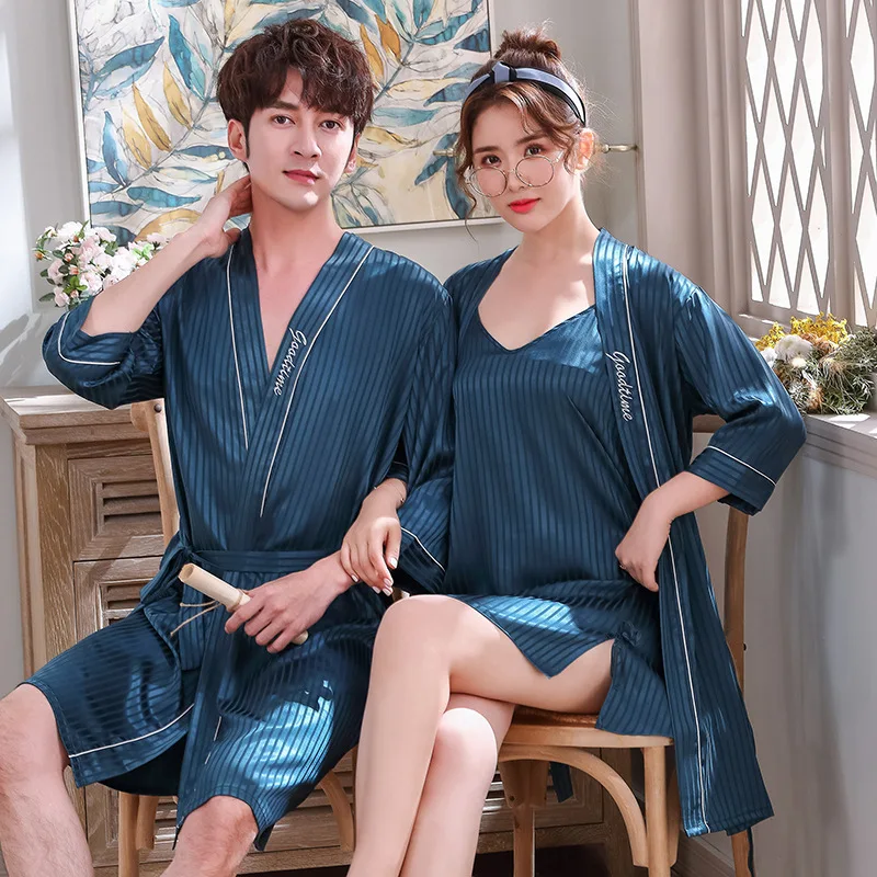 

Spring Autumn Sleepwear For Couples Solid Stripes Women's Nightgown Nightdress Simple Stylish Satin Silk Men's Bathrobe Robe