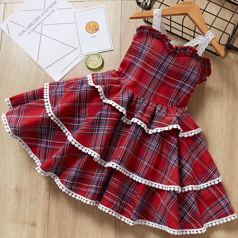 

2021 Toddler Girls Dress Summer Lace Suspender Dresses Kids Clothes Baby Plaid Puff Cake Skirt