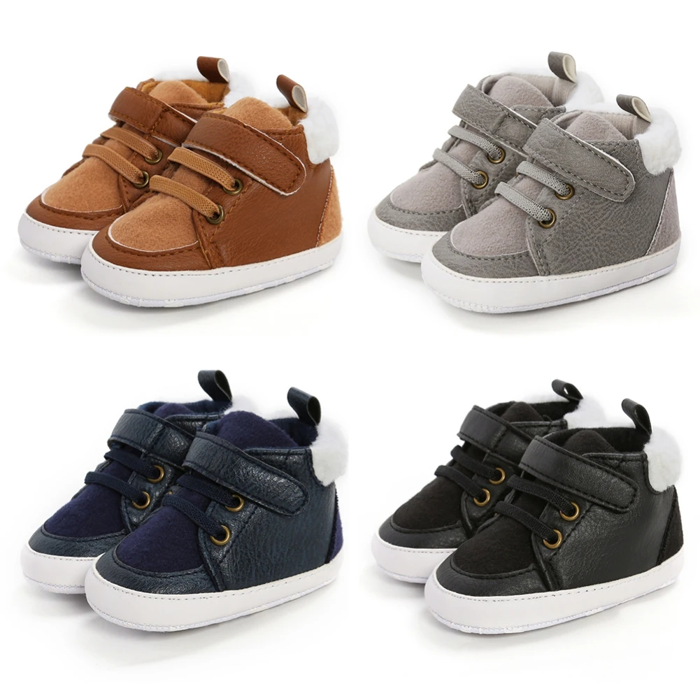 

Infant Baby Boys Girls High-Top Sneakers Soft Anti-Slip Sole PU Leather Warm Prewalker First Walking Crib Shoes