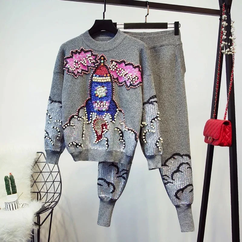 

Womens Two Piece Set Sequin Beading Letter Loose Knitting Tops Casual Pants Autumn Streetwear Long Sleeve Pullover Sweaters Suit
