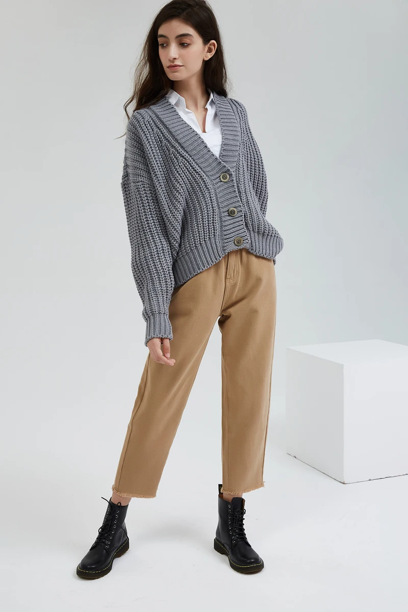 Wixra Knitted Chunky Cardigan Sweater Women Simple Solid Thick Button Clothing Sweater Stylish Tops for Female Autumn Winter