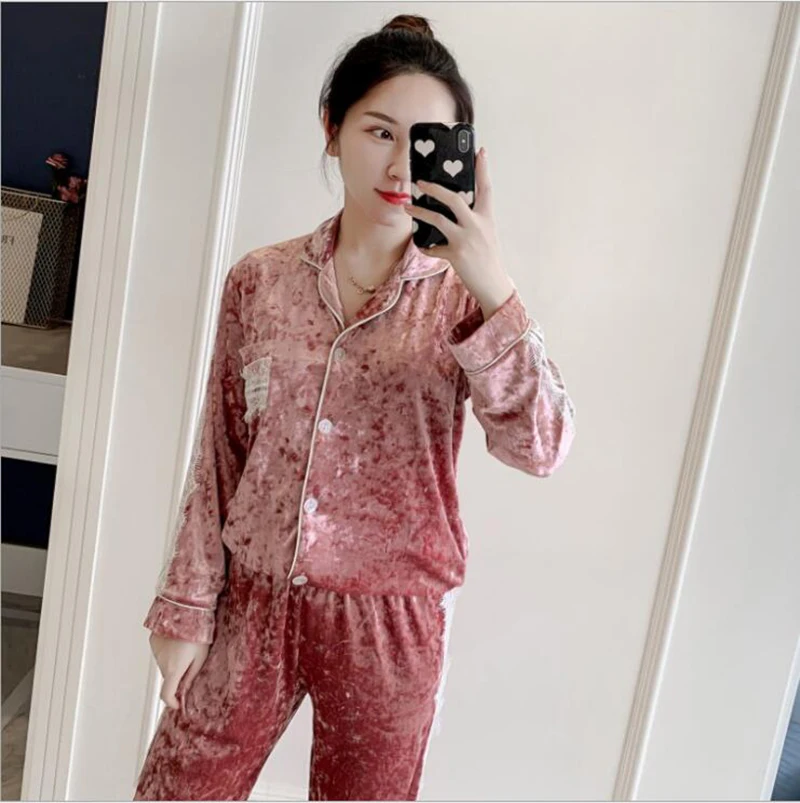 Зимний пижамный комплект женская теплая одежда для сна темно-золотые бархатные