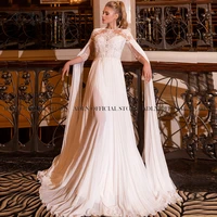 adln jewel 34 long sleeves boho wedding dresses with cloak chiffon beach bridal gown pearls lace bride dress vestido de novia