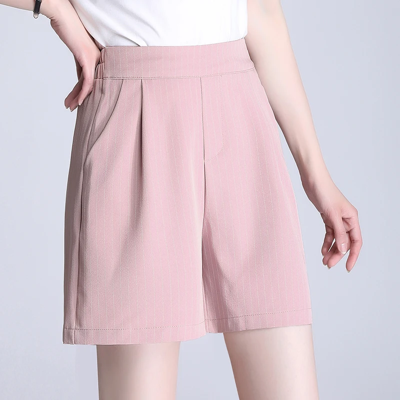 

Vetement Femme 2021 Summer All Match Fashion Casual Pantalones Cortos De Mujer Elastic Waist Elegant Basic Wide Leg Short Pants