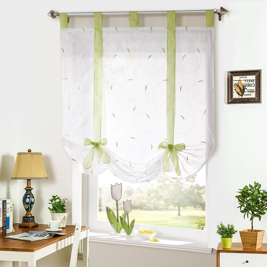 Римская штора европейского стиля с вышивкой, завязывающаяся, для окна на кухне, из полупрозрачного вуаля, с закрепочными петлями, бренд ON.