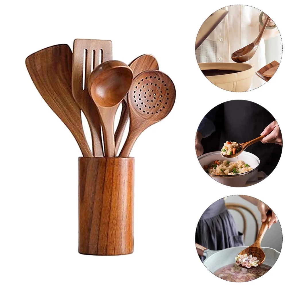 

1 Set of Home Kitchenware Wooden Serving Spoon Spatula with Bucket (Coffee)