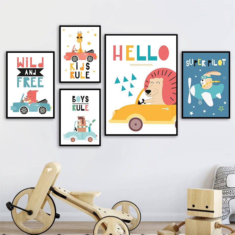 

Fox Bear Lion Car Airplane Animal Wall Art Canvas Painting Nordic Posters And Prints Wall Pictures For Kids Room Nursery Decor