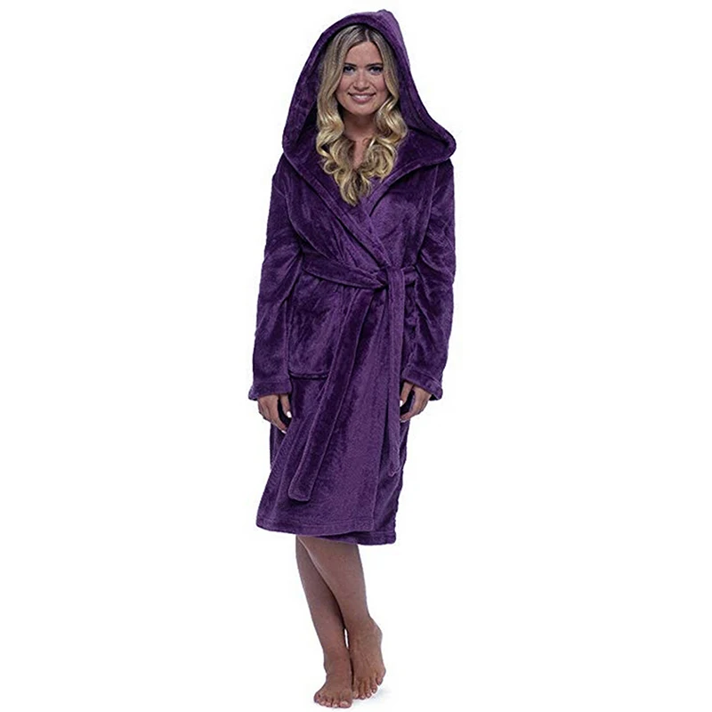 

Plush Bathrobe Women Warm Hooded Robe Ladies Casual Flannel Kimono Bath Robes Dressing Gowns Bathrobe Pijama Mujer