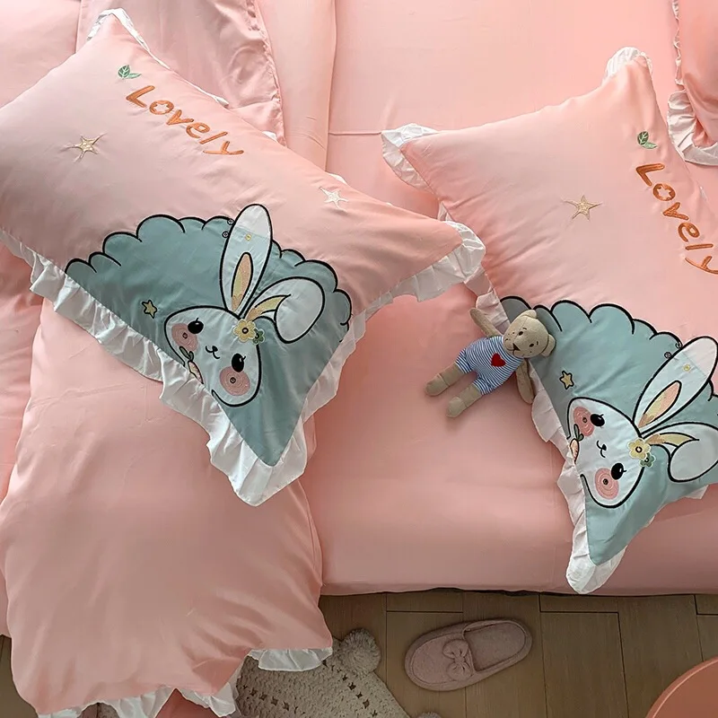 

HOME-2021-Pink cartoon embroidery Egyptian cotton bedding set king duvet cover and pillow cases ropa de cama