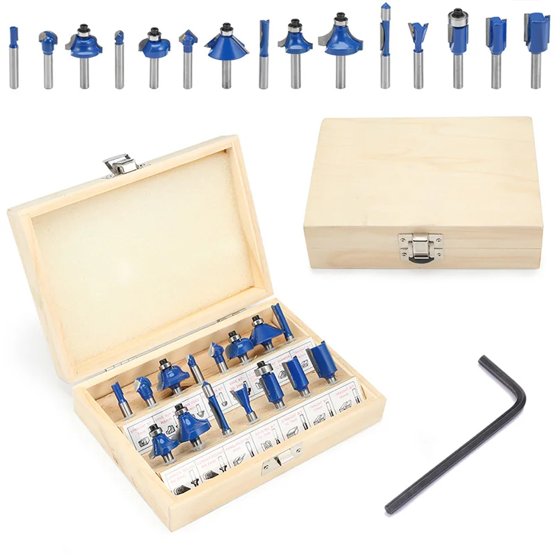 A 15pcs cutters Электрический деревообрабатывающий фрезерный станок+ 15 шт 1/4 хвостовик фрезы Фрезы электроинструменты набор для резьбы по дереву долбежная Обрезка - Цвет: A 15pcs cutters
