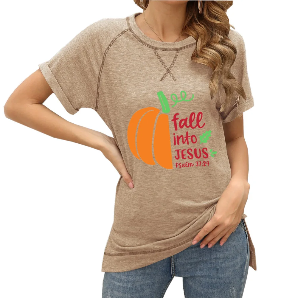 

Faee Into Jesus Psalm Letters Print Women T-Shirt Crossover Loose Tops Short Sleeve Harajuku Women Tops Fashion T-Shirt