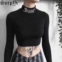 spring streetwear vintage gothic clothes women t shirt harajuku punk black letter embroidery sexy bodycon long sleeve top