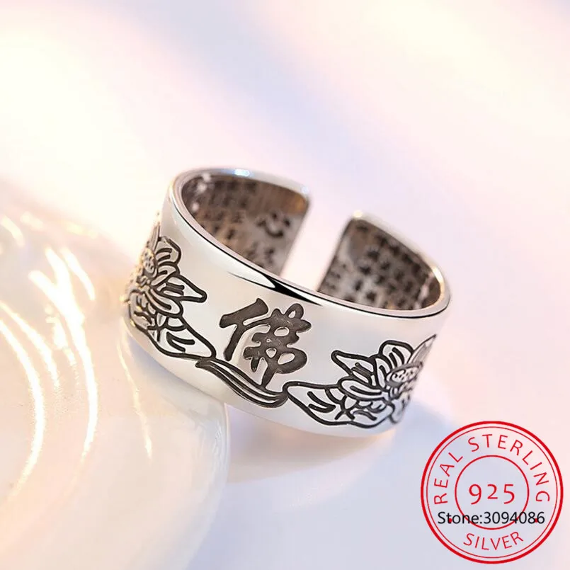 

100% Real 999 Pure Sterling Silver Jewelry Lotus Flower Open Ring For Men Male Fashion Free Size Buddhistic Heart Sutra Rings