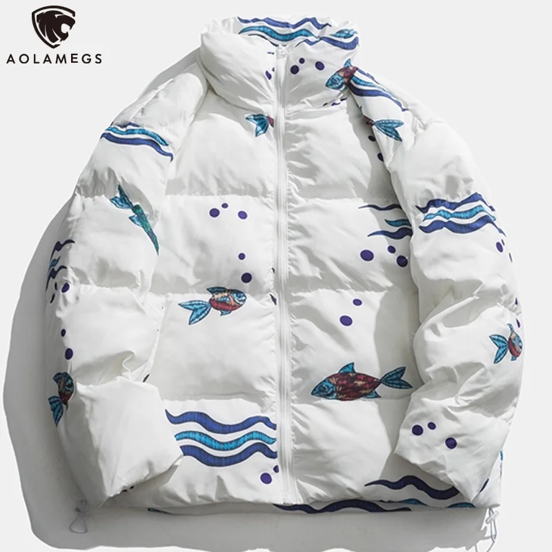 

Aolamegs Winter Jacket Men Parkas Colorful Fish Painting Print Outwear Loose Warm Japanese Harajuku Thick Coat Couple Streetwear