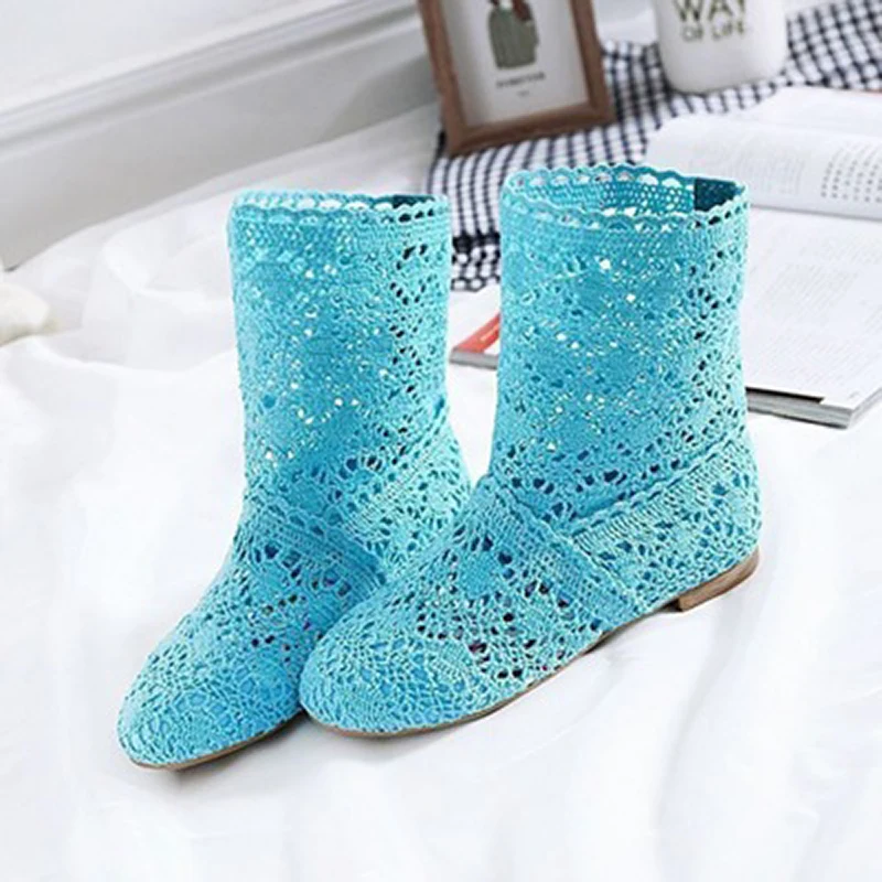 

2021 new summer flat ankle boots single boots knitted hollow net boots sandals hole shoes lace short tube female boots