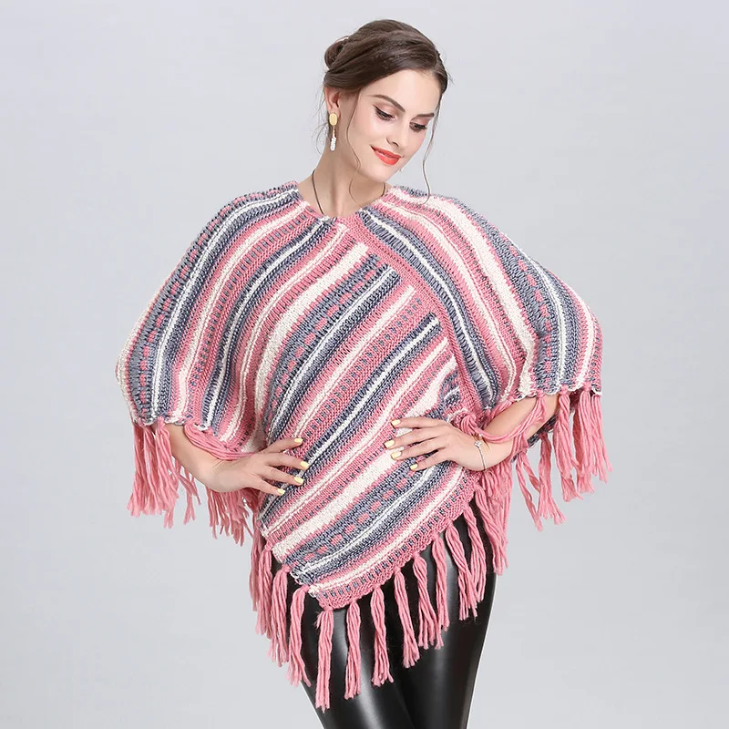 

2019 Hot Selling V Neck 4 Colors Sweater Winter Warm Cloak Knitted Tassel Plus Size Loose Poncho Women Diagonal Striped Pullover