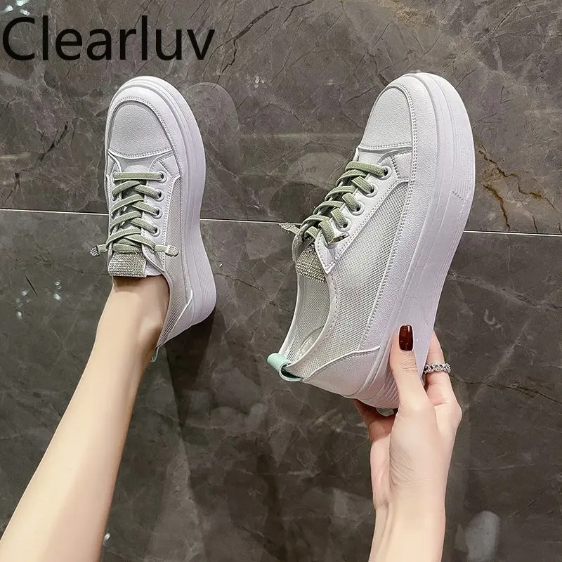 

Women's Thick-soled Inner Heightening Sneakers Luxury Ladies Shoes with Rhinestones Non-slip Mesh Breathable Vulcanized Shoes