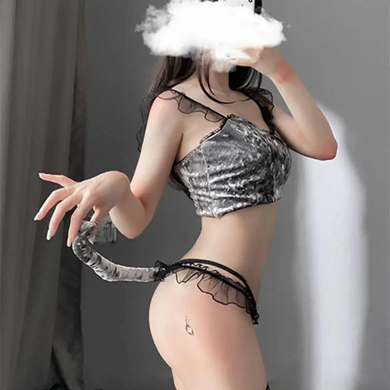 

Sexy Lingerie Uniform Temptation Chiffon Sling Stitching Gold Velvet Buttons Embellished With Ruffled Edges Hollow Cat Girl