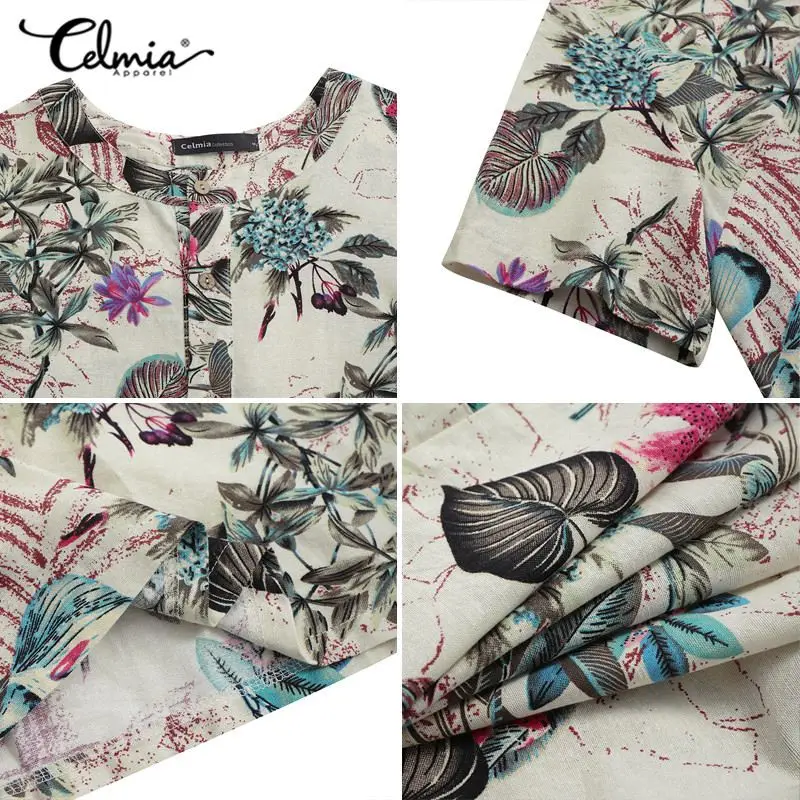 

Celmia Summer Short Sleeve Cotton Dress Women Vintage Floral Printed Knee-length Sundress Casual Loose O Neck Dresses Plus Size