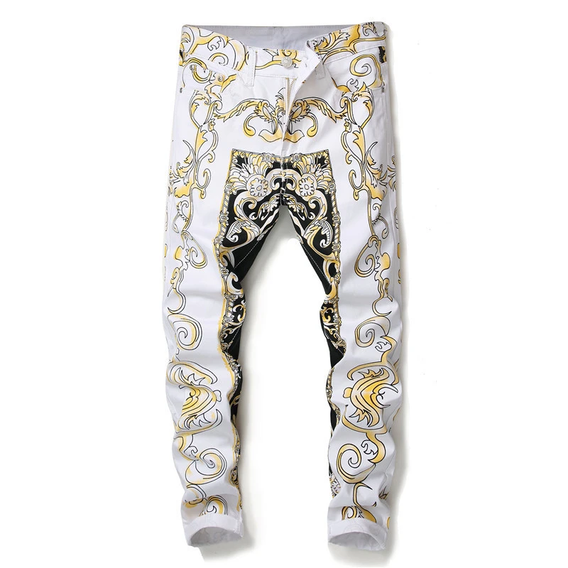EH·MD® White Floral Jeans Men's Anime Embroidery Black and White Split Soft Slim Cotton Stretch Pants Tide Brand Four Seasons