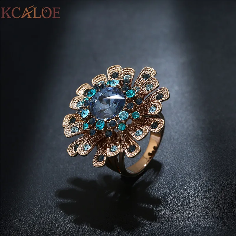 Женское кольцо KCALOE Винтажное на палец с золотыми цветами и синими
