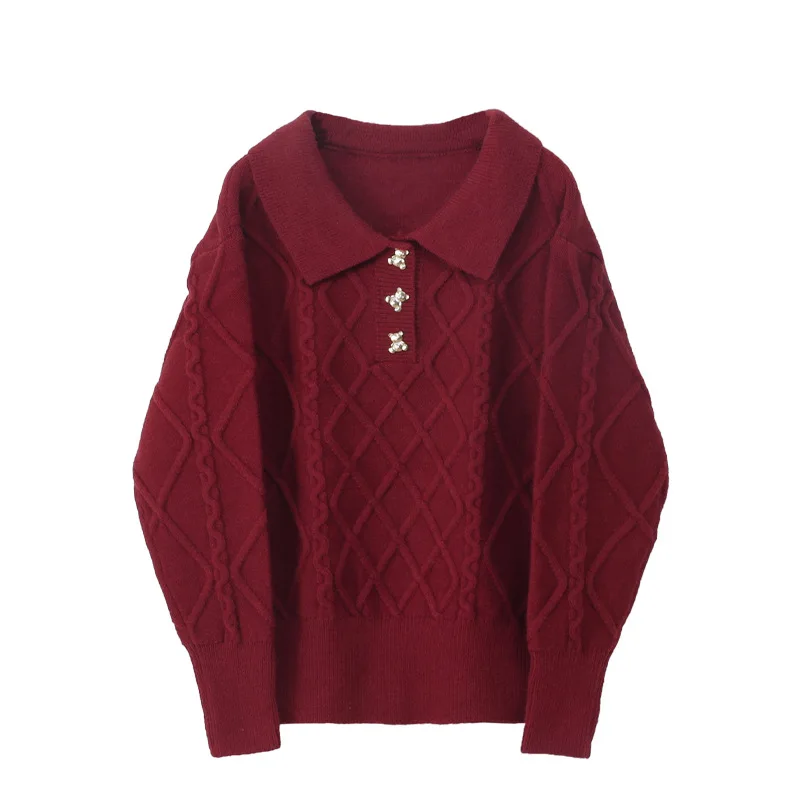 

Femmes Knitted Sweater Pullover Turn-Down Collar Solid Color Long Sleeve Women Fashion Tide Spring Autumn Runway Female Jumpers