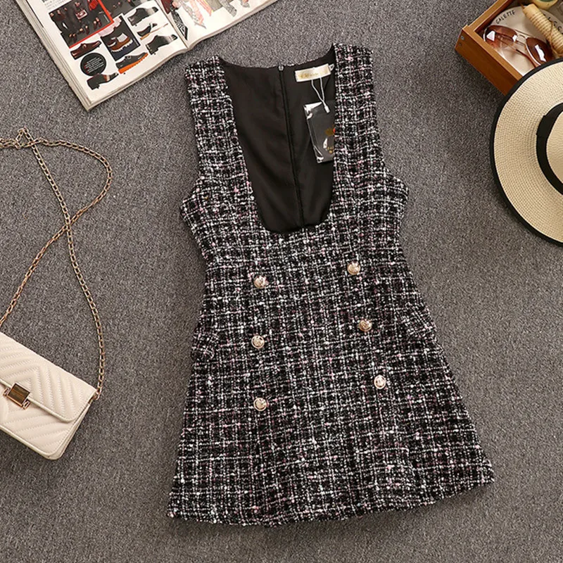

2021 Autumn Winter 2 Piece Set Overalls Dress Women Elegant Ruffles Chiffon Bow Shirt Top+Double Breasted Plaid Tweed Vest Dress