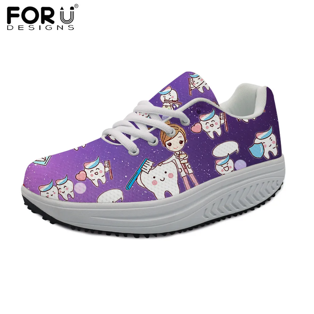 

FORUDESIGNS Sneakers for Women Dentist/Teeth Pattern Flats Platform Swing Shoes Woman Comfortable Beach Light Slimming Shoes
