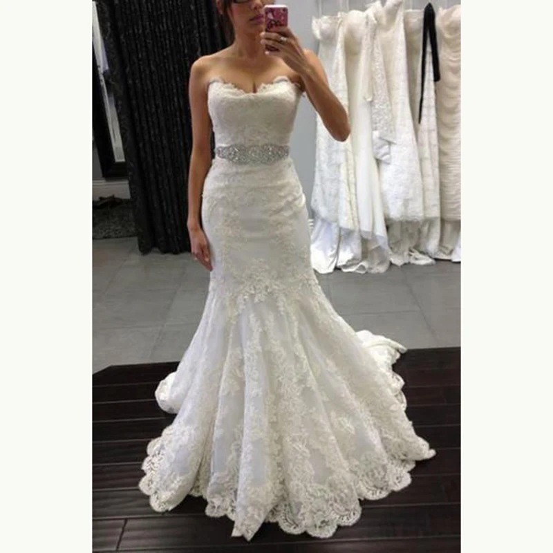 

New High Quality Ivory Mermaid Lace Sleeveless Wedding Dresses for Bride Strapless Beaded Belt Bridal Wedding Gowns Appliqued
