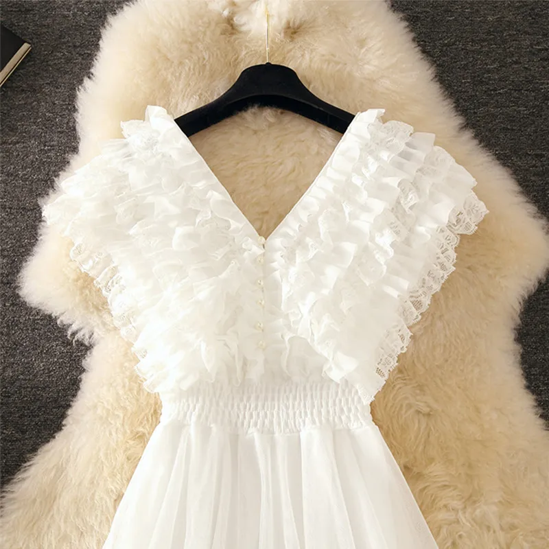 Preppy Style 2020 Summer White Lace Dress Sleeveless V-neck Chiffon Bodycon A-line Formal Party Vestidos | Женская одежда
