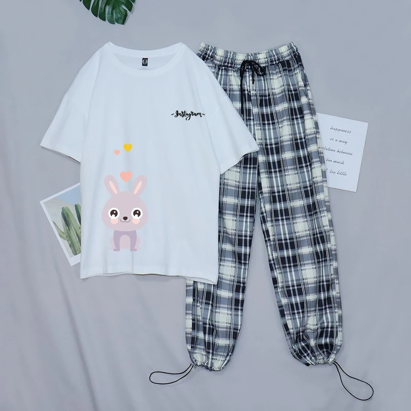 Bunny Pajama Sets Sleepwear Plaid Pants Set Pizama Damska Casual Two Piece Outfits for Women Cute Nightgown Female Korean Tshirt