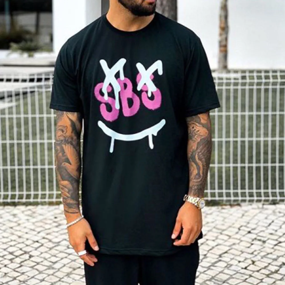 

2021 Summer Fashion Trends T-shirt Western Style Solid Color Round Neck Oversize Letter Printing Loose Casual Men's