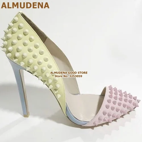ALMUDENA/Популярные брендовые туфли на высоком каблуке с заклепками Цвет желтый